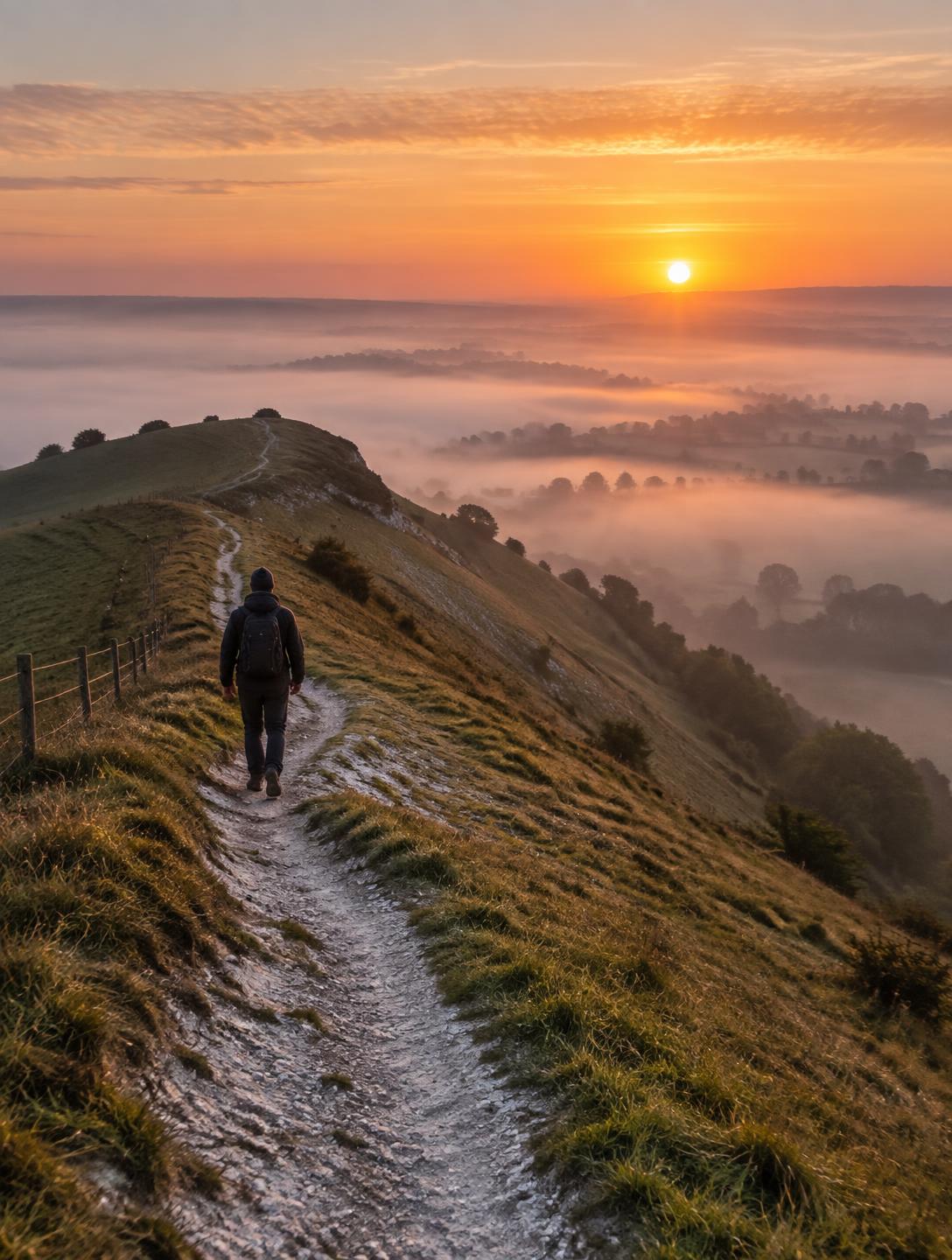 Hiker above a sea of cloud at sunrise